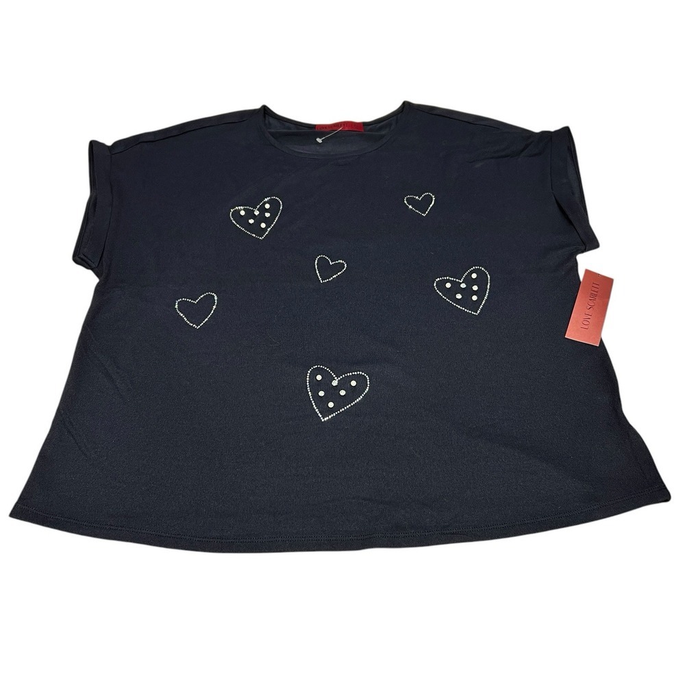 Women's‎ Plus Size 1X Navy Embellished Heart Short Sleeve Top Love Scarlett